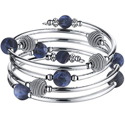 PEARL&CLUB Beaded Chakra Bangle Turquoise Bracelet - Fashion Jewelry Wrap Bracelet with Thick Silver Metal and Mala Beads, Birthday Gifts For Women - color: 63-Navy Blue