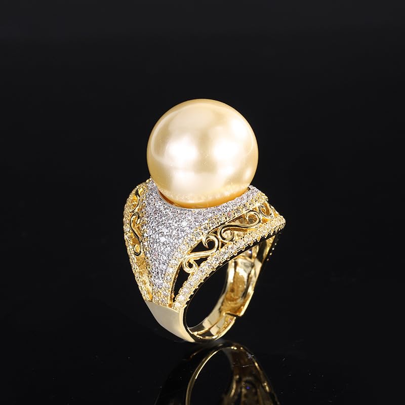 Large Cream South Sea Faux Pearl Statement Ring Hollow Scroll Micro Pave Crystal Adjustable Open Band For Women Formal Cocktail Jewelry