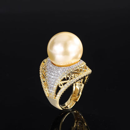Large Cream South Sea Faux Pearl Statement Ring Hollow Scroll Micro Pave Crystal Adjustable Open Band For Women Formal Cocktail Jewelry