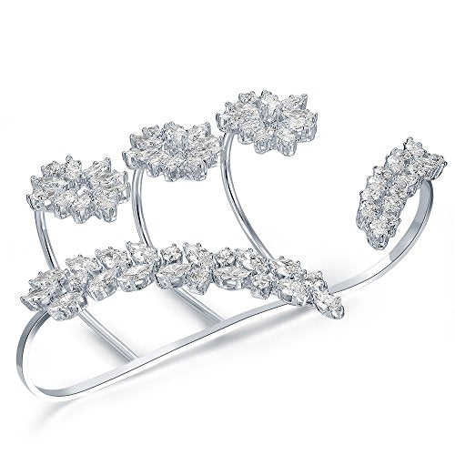Statement Ring for Women, Silver CZ Hand Palm Multiple Finger Ring Bracelet Unique Leaf Design Full Finger Ring Jewelry Gift for Women Adjustable Size - color: White