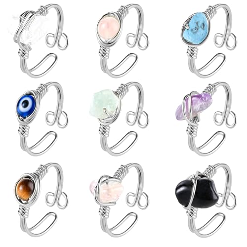 9 PCS Healing Crystal Ring, Adjustable Wire Wrapped Rings Irregular Gemstone Rings Set for Women - color: Silver-Style A