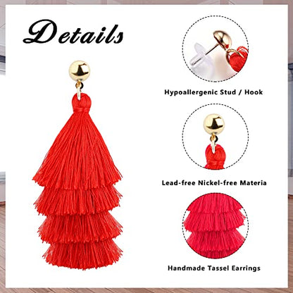 4Pairs Tassel Earrings For Women Fan Shape Tassel Earrings Long Thread Tassel Earrings Bohemian Fringe Drop Handmade Earrings - style: 4 Red