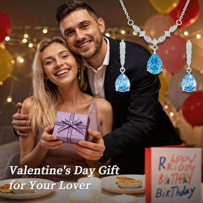 Platinum Plated Cubic Zirconia Teardrop Pendant Necklace Dangle Earrings Set, Silver Jewelry Set for Women,Wedding Jewelry Set for Bride,Bridesmaid Jewelry Gift, Gift for Valentine's Day, Birthday - color: Blue