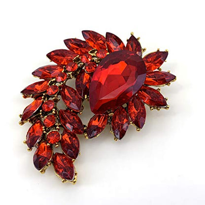 SELOVO Marquise Shape Rhinestone Red Leaf Costume Brooch Pin Jewelry Antiqued Gold Tone - color: Red