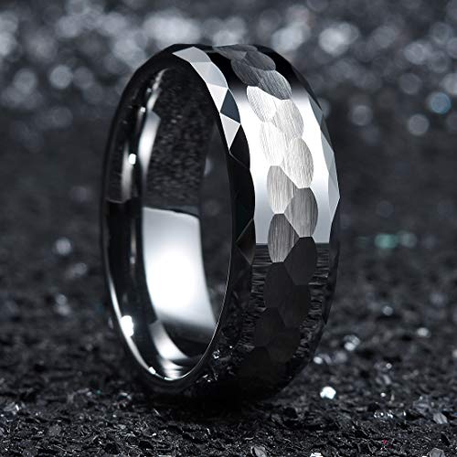 King Will Hammered 8mm Silver Tungsten Ring Hammer Men Wedding Band Comfort Fit - color: Multi-Faceted