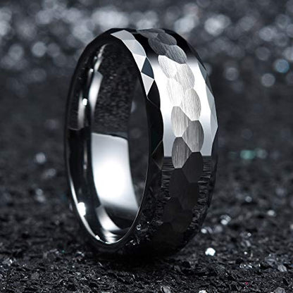 King Will Hammered 8mm Silver Tungsten Ring Hammer Men Wedding Band Comfort Fit - color: Multi-Faceted