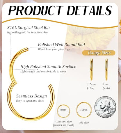 3pcs Nose Rings Hoops - 316L Surgical Steel Hinged Nose Hoops 16G/18G/20G CZ Clicker Septum Nose Ring Lip Helix Cartilage Hoop Earring Daith Rook Conch Body Piercing Jewelry for Women Men 8mm 10mm - color: Gold, size: 18 gauge(1.0mm)-10mm
