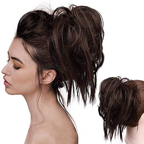 HMD Tousled Updo Messy Bun Hair Piece for Women Synthetic Hair Extension | Messy Bun Hair Piece with Elastic Scrunchie Synthetic Tousled Updos Ponytail Hairstyles for Daily Wear - color: Darkest Brown