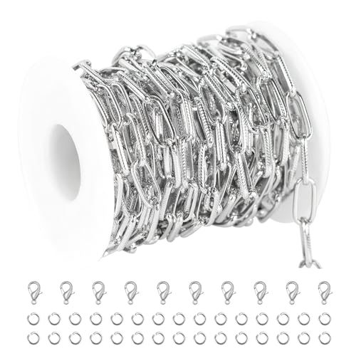 16ft/5m Aluminum Jewelry Chains Bulk Embossed Paperclip Jewelry Making Chains Oval Link Chain Roll with Jump Rings and Lobster Clasps - color: 6.5×15.5mm-Silver