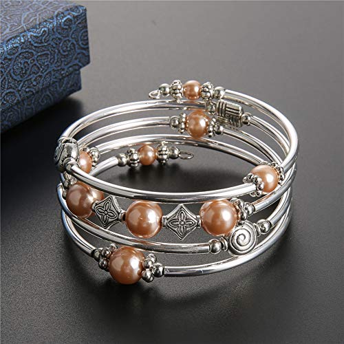 Beaded Pearl Bangle Wrap Bracelet - Fashion Bohemian Jewelry Multilayer Charm Bracelet with Thick Silver Metal Beads, Gift For Women - color: Champagne