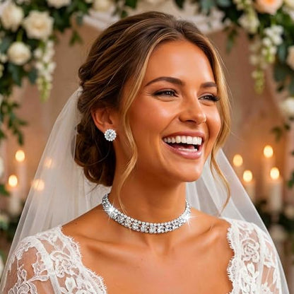 CLOACE Rhinestone Bridal Wedding Jewelry Set Sparkly Chocker Necklaces Earrings Prom Jewelry Accessories for Women - color: Silver