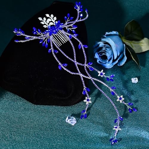JHOO Rhinestone Hair Vine Comb, Bridal Wedding Hair Accessories,Silver Alloy Headpiece for Bridesmaids (Blue) - color: Blue