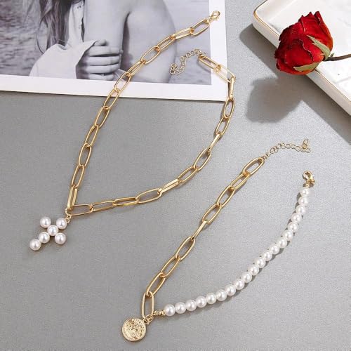 Layered Pearl Cross Pendant Necklace Set for Women,Vintage Coin Paperclip Statement Collarbone Necklace,Trendy Party Banquet Jewelry Accessories Gift