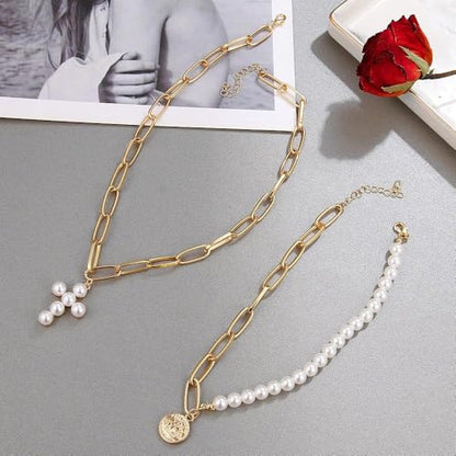 Layered Pearl Cross Pendant Necklace Set for Women,Vintage Coin Paperclip Statement Collarbone Necklace,Trendy Party Banquet Jewelry Accessories Gift