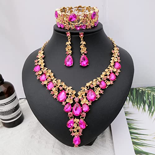 CSY Elegant Crystal Costume Jewelry Sets Flower Bridal Necklace Earrings Stretch Bangle Set for Bride Bridesmaid Wedding Dress Accessories - color: hot pink crystal-gold tone