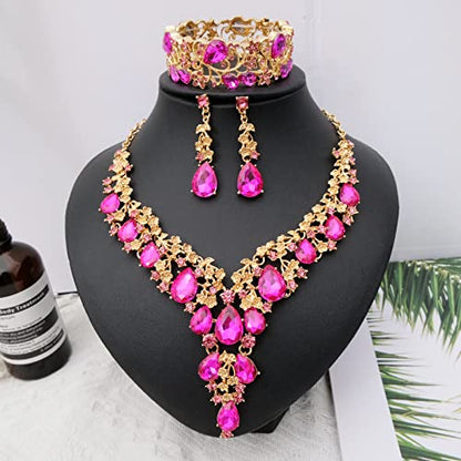 CSY Elegant Crystal Costume Jewelry Sets Flower Bridal Necklace Earrings Stretch Bangle Set for Bride Bridesmaid Wedding Dress Accessories - color: hot pink crystal-gold tone