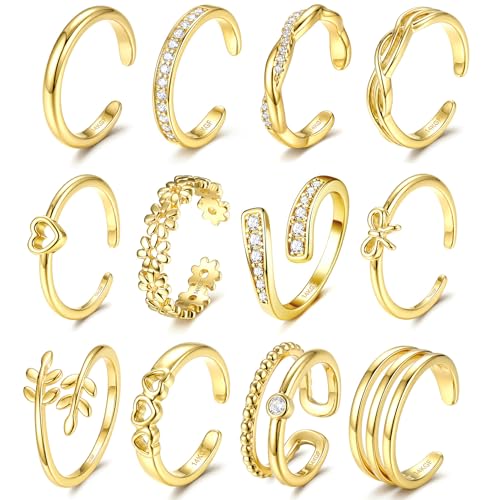 Sanfenly 12 Pcs Toe Rings for Women Non Tarnish Waterproof | 14K Gold Filled Dainty Thin Chunky Open Band Rings, Trendy Silver Plated Adjustable Toe Rings, Summer Beach Foot Jewelry Set - color: 14K Gold Plated