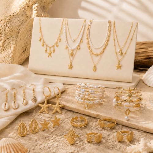 Boho Beach Jewelry Sets for Women | Summer Seashell Starfish Accessories, Necklace, Earrings, Rings Anklet - style: 35pcs Ocean Beach Set
