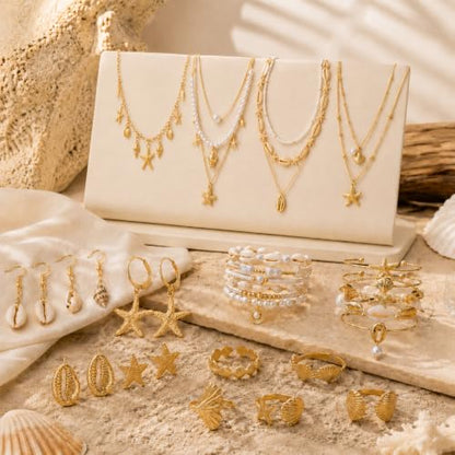 Boho Beach Jewelry Sets for Women | Summer Seashell Starfish Accessories, Necklace, Earrings, Rings Anklet - style: 35pcs Ocean Beach Set