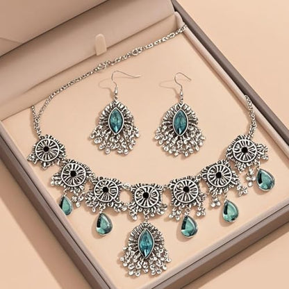 Frodete Indian Jewelry Sets for Women Traditional Bohemian Wedding Jewelry Set Indian Dresses for Women Oxidized Ethnic Party Prom Wear - color: D2:SILVER GREEN