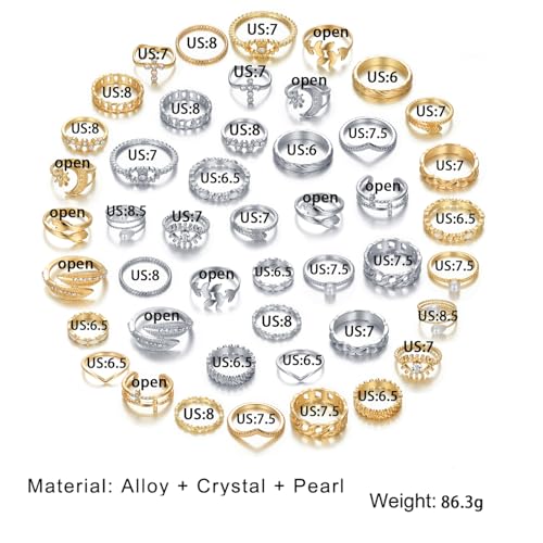 Golden Silvery Knuckle Rings Set for Women, Stackable Rings Bohemian Crystal Hollow Carved Flowers Joint Finger Rings Pack Fashion Jewelry Gifts for Birthday - color: 46 PCS-2