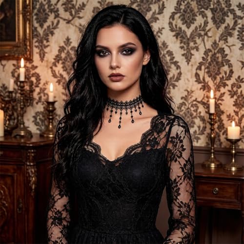 Goth Black Lace Choker Necklace for Women Gothic Vampire Necklace Halloween Victorian Dress Costume Accessories - color: Black2