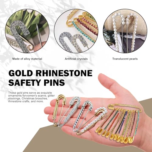 Gold Rhinestone Safety Pins, Rhinestone Gold Safety Pins Large Pin Brooches, Women Brooch Pins Sweater Shawl Clips Faux Crystal Pearl Fancy for Women