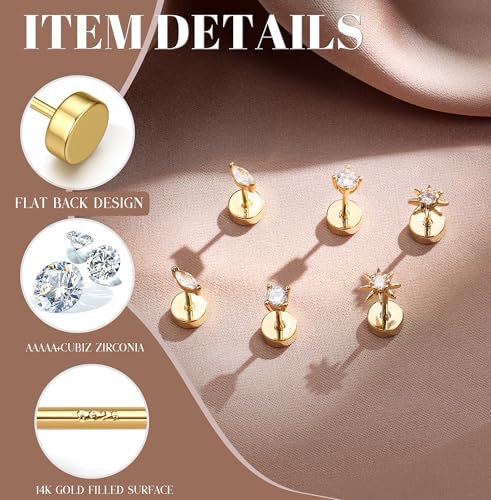 14K Gold Plated 925 Sterling Silver Flat Back Earrings Set | Hypoallergenic Cartilage Helix Conch Tragus Piercing Jewelry 3 Pairs Small Screw Dainty CZ Opal Earring Set Men Women - color: Gold, Style B