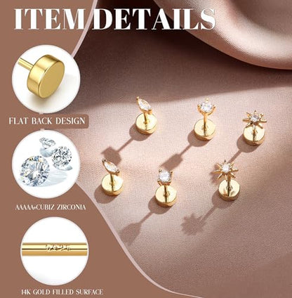 14K Gold Plated 925 Sterling Silver Flat Back Earrings Set | Hypoallergenic Cartilage Helix Conch Tragus Piercing Jewelry 3 Pairs Small Screw Dainty CZ Opal Earring Set Men Women - color: Gold, Style B