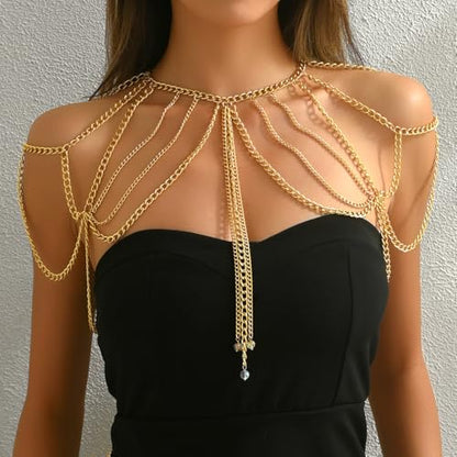Gold Body Chain Shoulder Chain Punk Layered Arm Chain Tasssel Shoulder Necklace Party Nightclub Bridal Wedding Body Jewelry