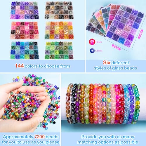 XSEINO About 7200pcs 144 Colors 6mm Crackle Glass Beads Bracelet Making Kit,6Box Different Style Crack Series Colorful Crystal Beads for Bracelet Jewelry Making,DIY Crafts,Friendship Bracelets - color: All 6 Series