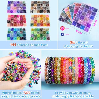 XSEINO About 7200pcs 144 Colors 6mm Crackle Glass Beads Bracelet Making Kit,6Box Different Style Crack Series Colorful Crystal Beads for Bracelet Jewelry Making,DIY Crafts,Friendship Bracelets - color: All 6 Series