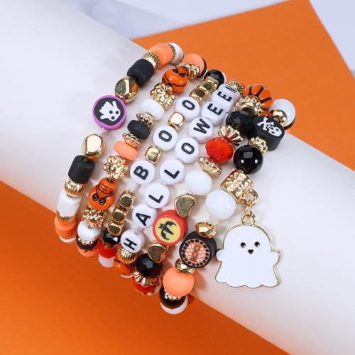 Ardorchid Halloween Bracelets for Women Pumpkin Ghost Steleton Bat Skull Beaded Stackable Stretchy Bracelet Rugby Thanksgiving Christmas Heishi Bracelets - color: Halloween Bracelet -4