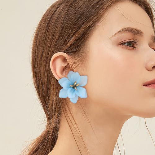 LAXPICOL Fashion Big Flower Clip On Earrings For Women Cute Lovely Acrylic Flower Earrings No piercing Earrings 2.36" - color: blue