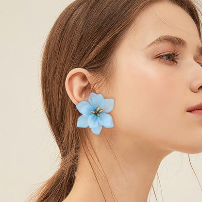 LAXPICOL Fashion Big Flower Clip On Earrings For Women Cute Lovely Acrylic Flower Earrings No piercing Earrings 2.36" - color: blue