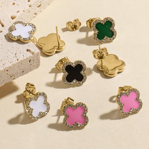 Qitian Clover Bracelet for Women 18K Gold Four Leaf Pink Lucky Link Clover Bracelets, Trendy Bracelets Set Jewelry Gifts for Women - color: J-White Set