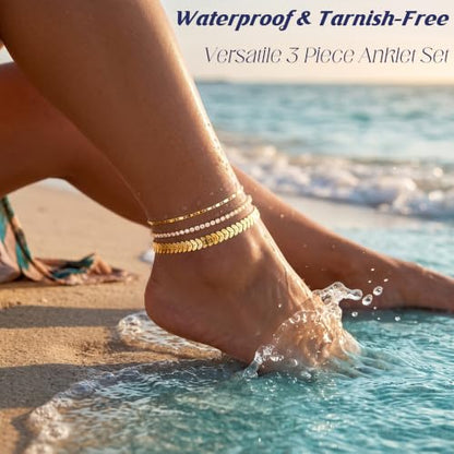 DEARMAY Gold Anklets for Women Waterproof | Non Tarnish14K Gold Plated Ankle Bracelets Set Stack, Summer Beach Jewelry Gifts for Vacation - color: Gold Anklet-J