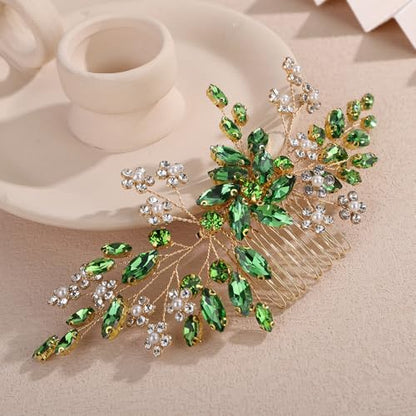 Teyglen Green Crystal Rhinestone Wedding Hair Comb with Pearl Flower Bridal Hair Comb Sparkly Crystal Headpiece for Bride Wedding Hair Comb for Women Flower Hair Piece(Green) - color: Green