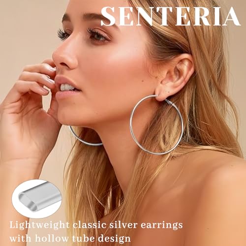 Senteria 2mm Thin 925 Sterling Silver Hoop Earrings for Women Hypoallergenic - color: silver 40mm