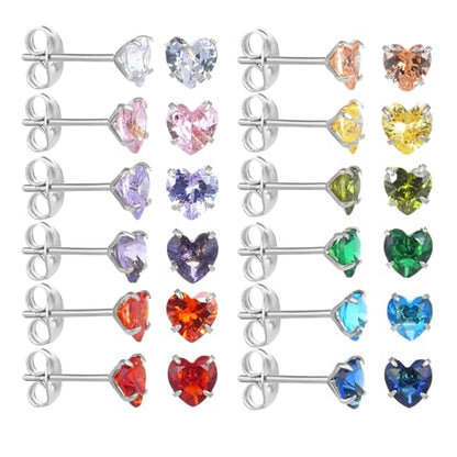 12 Pairs Surgical Stainless Steel Stud Earring Round Heart Star Square Cubic Zirconia Birthstone Stud Earrings Set for Women - color: Silver heart 5mm