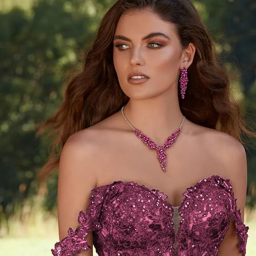 EleQueen Statement Sparkle Crystal Necklace Bracelet Dangle Earrings Set for Women, Art Deco Prom Chandelier Jewelry for Wedding Bridal - color: Hot Pink-Silver-Plated-Base