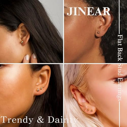 JINERA 5 Pairs Stud Earrings for Women 14K Plated Gold/Silver Pearl Ball Small Stud Earrings Set Cartilage Piercing Hypoallergenic Lightweight Flatback Earrings Jewelry Gifts for Women - color: 5 Pairs Flat Back Earrings - Gold