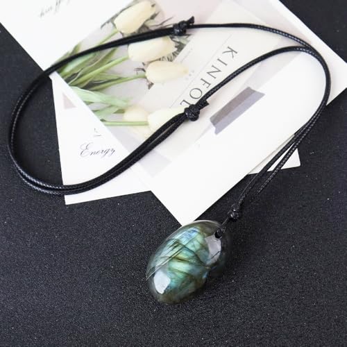 FANASY Natural Raw Crystal Necklace for Women Irregular Stone Necklaces Spiritual Gemstone Pendant with Adjustable Rope - color: Labradorite