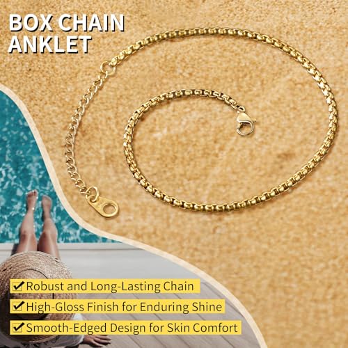 ChainsHouse Ankle Bracelets for Women, Stainless Steel Beaded Chain Ankle Bracelet, Womens Heart Anklets for Summer Beach Jewelry Gifts - color: H: box-3mm-gold