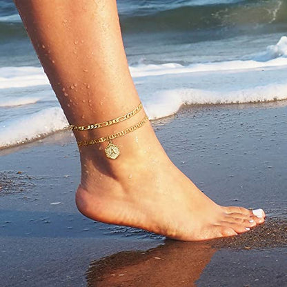 Memorjew Ankle Bracelets for Women, 14K-Gold-Plated Initial A-Z Anklet | Figaro Chain Layered 14K-Gold-Plated Hexagon Letter Anklets for Women, Summer Foot Chain Jewelry Gifts, Ankle Bracelets Gifts - style: C-Gold-Plated