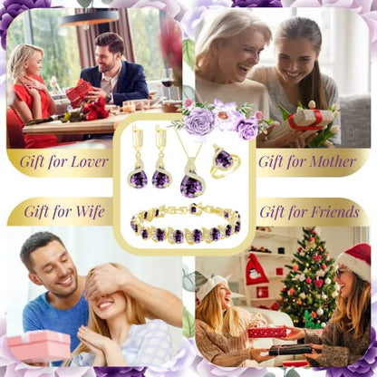 GZWHD Jewelry Set for Women Water Drop Cubic Zirconia Artificial Crystal Earrings Pendant Necklace Open Ring Tennis Bracelet Wedding Anniversary Birthday Engagement Gift for Bridesmaid Wife Girlfriend Friend - color: Gold-Purple