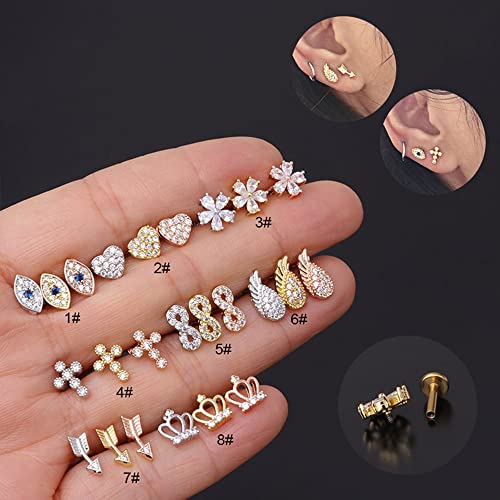 Cross Evil Eye Flower Love Heart CZ 16g Labret Cartilage Tragus Monroe Lip Nose Helix Studs Earrings Stainless Steel Cubic Zirconia Small Tiny Little Piercings Jewelry Gifts for Women Her Birthday Bff - style: gold
