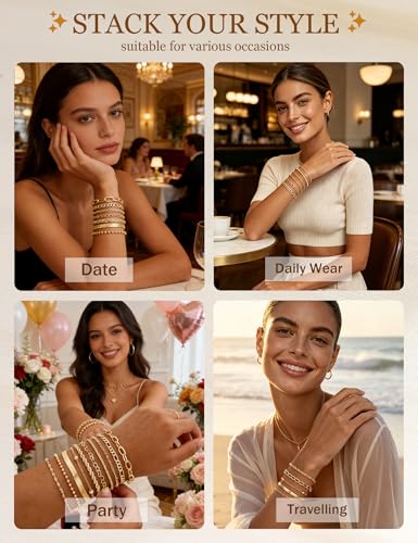 10 Pcs Gold Bracelets for Women, 14K Gold Plated Stackable Cuban Link Paperclip Chain Bracelet Set, Dainty Gold Bracelets Stack Jewelry - color: Gold