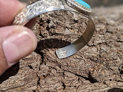 Native American Bracelet, Turquoise Cuff, Sterling Silver Engraved Accents Jewelry, SouthWest Artisans sz 6.75in