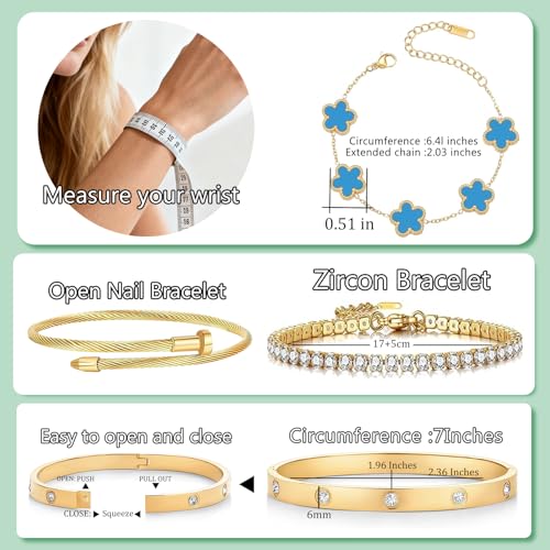 Gold Bracelets for Women, 18K Gold Plated Women Tennis Bracelets Clover Nail Love Bangle Bracelet Set, Gold Bracelet Stackable Set Trendy Jewelry, Gifts for Women's Day and Mother's Day - color: 01-Color-blue